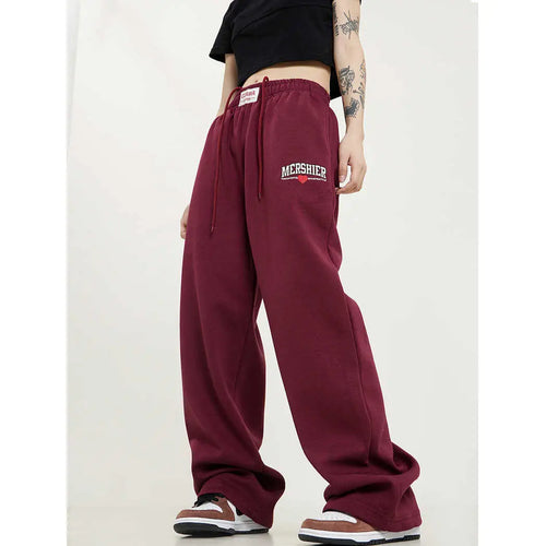 Women Maroon Loose Fit Sweatpants Autumn New Trendy