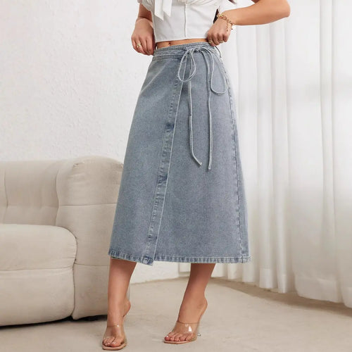 Light Blue Denim Midi Skirt with Tie Waist Split Wrap