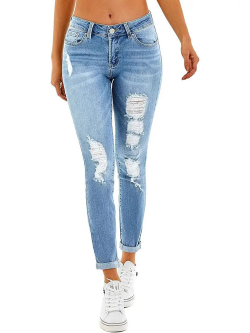 Light Blue Ripped Denim Trousers for Women with Elastic Waist