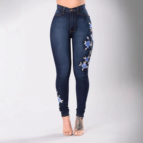 Women Low Waist Embroidered Jeans Navy Blue