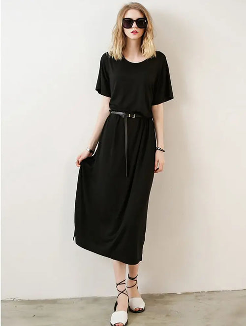 Black Belted Midi Dress for Women, Machine Washable, Loose Fit