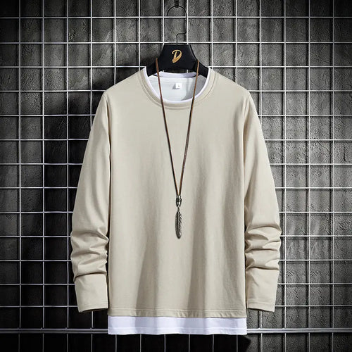Men Pure Cotton Long Sleeve T-Shirt White Round Neck