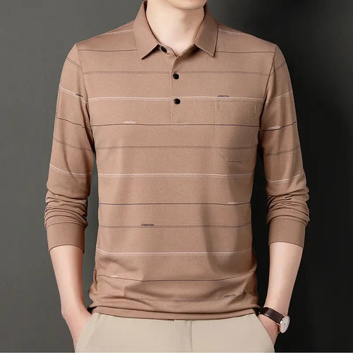 Men Striped Long Sleeve Polo Shirt Grey Autumn