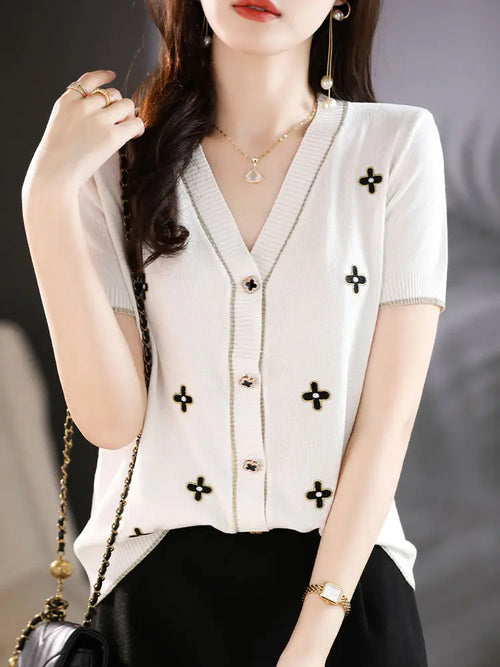 Women V-neck Silk Cardigan White Short Sleeve Elegant Summer