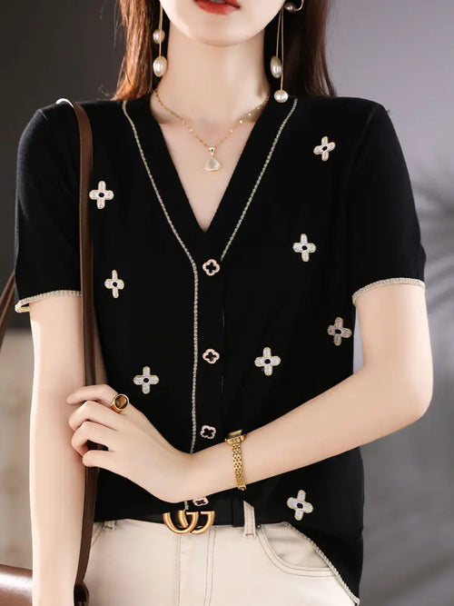Women V-neck Silk Cardigan White Short Sleeve Elegant Summer