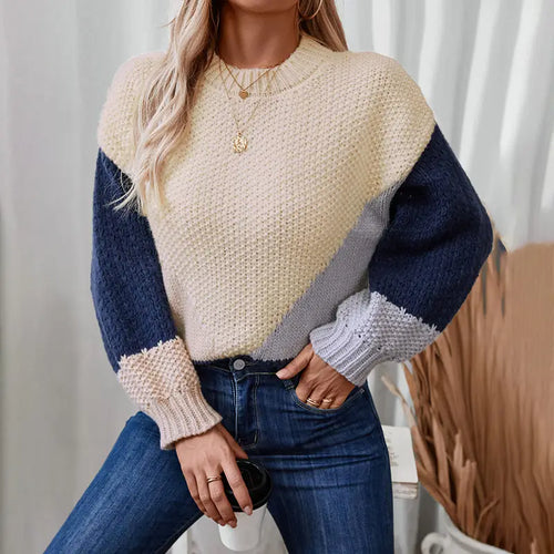 Women's Textured Pullover Sweater Blue Beige Winter Warm