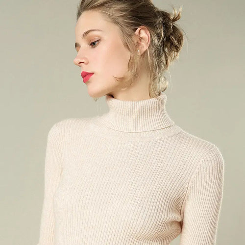 Women High Neck Ribbed Sweater White Slim Fit Spring
