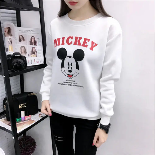 Women Cartoon Sweatshirt Loose Plus Size Black Fleece Lined
