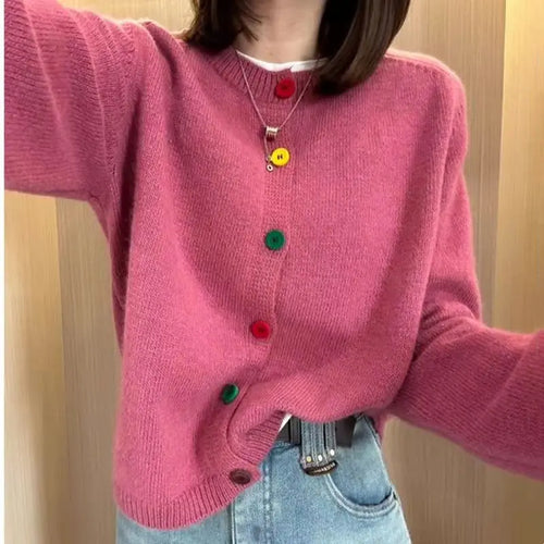 Pink Knitted Cardigan with Colorful Buttons for Women