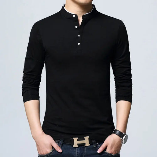 Men Cotton Stand Collar Long Sleeve T-Shirt Black 2