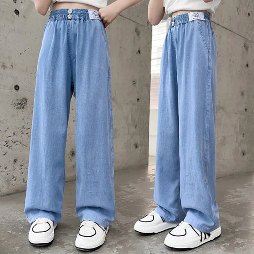 Wide Leg Denim Jeans for Girls Blue Summer Casual
