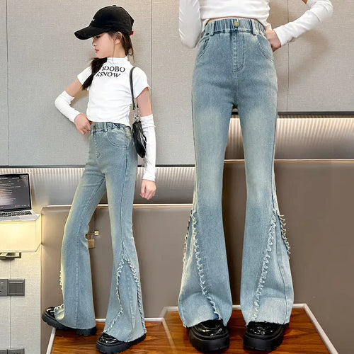 Light Blue Bell-Flare Jeans with Raw Edge Detail