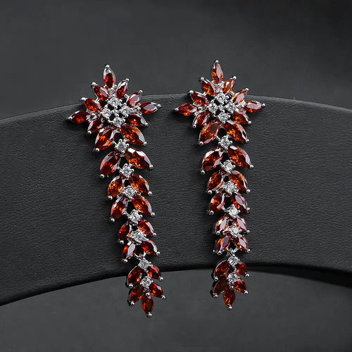 Red Zircon Leaf Tassel Earrings for Women
