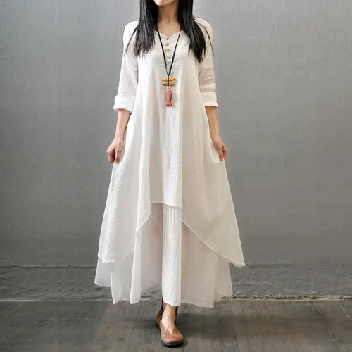 Women Linen Long Sleeve Swing Dress Autumn White Loose Fit