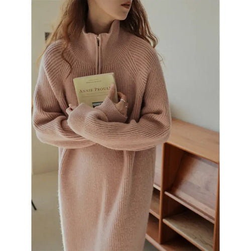 Women Knitted Half-Zip Sweater Dress Creamy White Loose Fit Winter