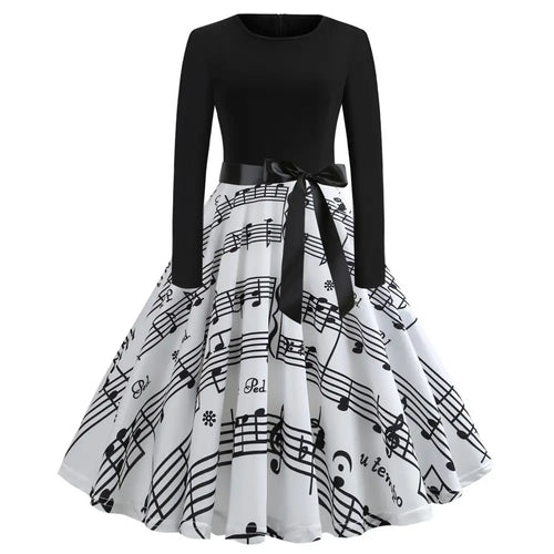 Women Retro Print Long Sleeve Slim Dress