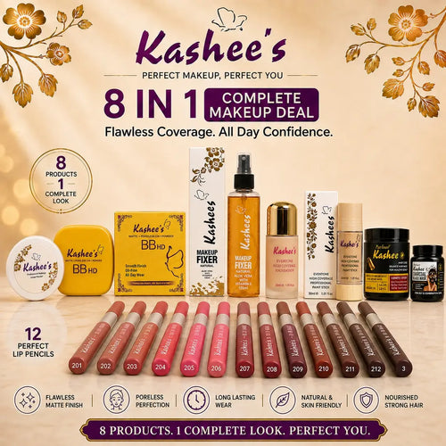 Kashee's All In 1 Foundation, Fixer, Face Powder, Loose Powder, Paint Stick, 12 Pcs Lip Pencil Set, Hair Mask And Face Mask Deal, Pack Of 8