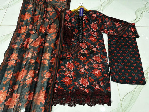 3-Piece Swiss Lawn Floral Suit Red Black