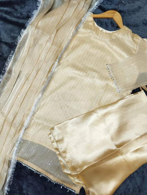 Full Heavy Stone Work Suit Cream Yellow 3 Piece