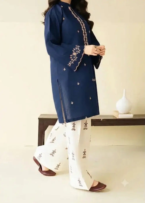 2 Pcs Women's Stitched Chiffon Embroidered Shirt And Trouser