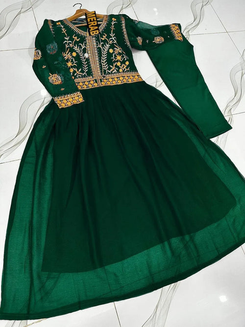 Green Embroidered Chiffon Maxi Set for Women