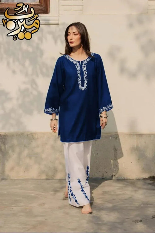 Blue Embroidered Cotton Kurta Set for Women