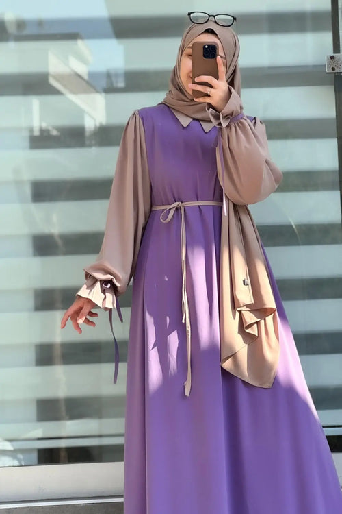 Abaya for Women with Belt & Stroller | Collar Abaya in Soft Wool Peach Fabric | Ready to Wear Abaya