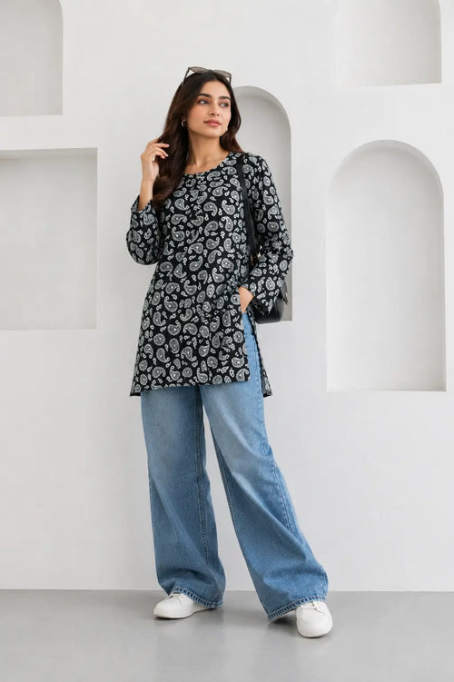 1Pc Women's Stitched Linen Block Printed Shirt Black Special