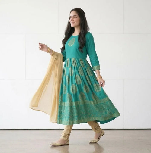 Green Block Printed Arabic Lawn Maxi Set for Women