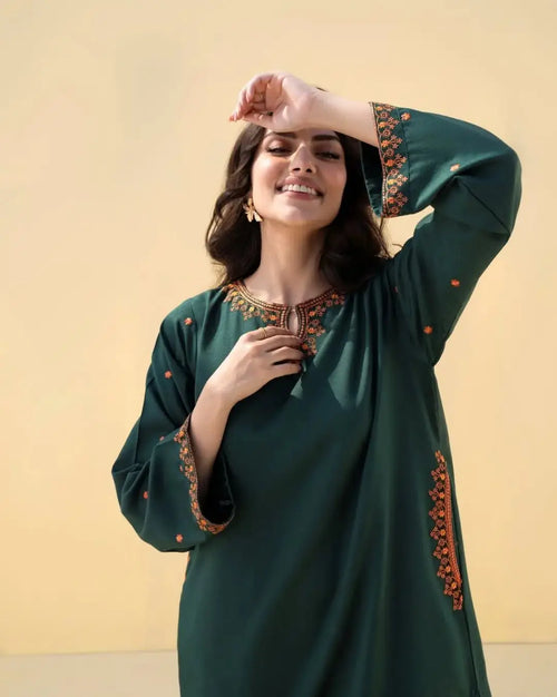 2 Pcs Women's Stitched Cotton Lawn green pocket style Embroidered Shirt And Trouser