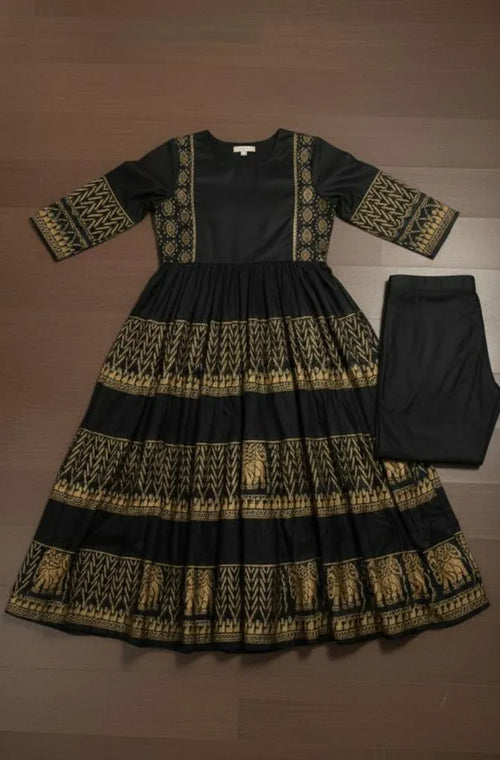 Black Silk Block Printed Maxi & Trouser Set for Women