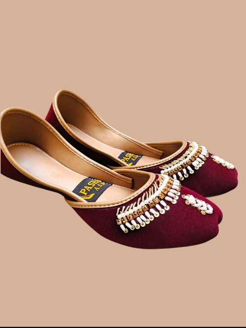 Women's Velvet Rhinestone Khussa Maroon Fancy Formal Party Wear