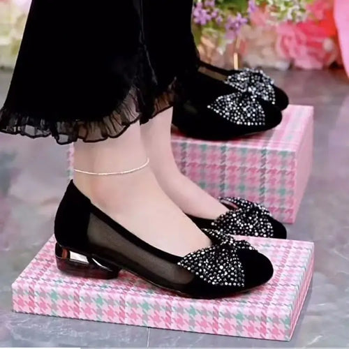 Mesh Shallow Mouth Bow Shoes Women's 2025 Summer New Round Toe Low Heel Soft Bottom Slip-on Women's Bean Shoes