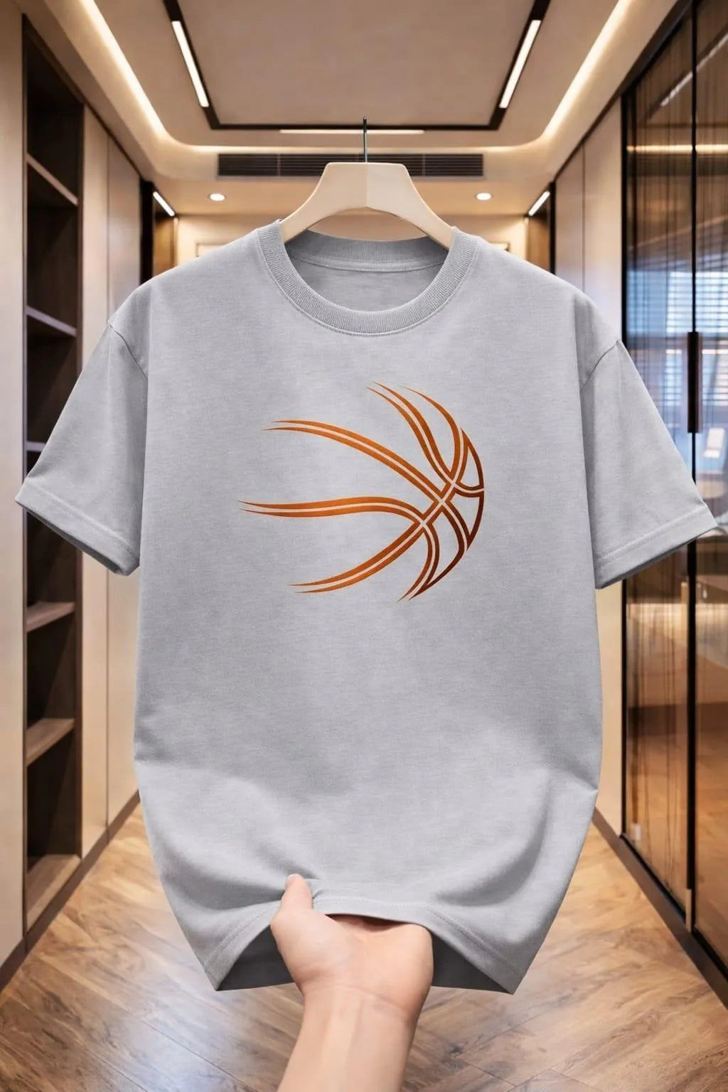 Men Cotton Printed Basketball Graphic T-Shirt Grey Round Neck