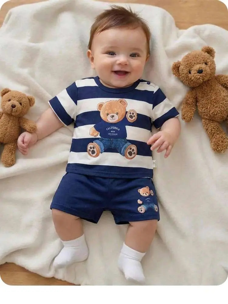 2 Pcs Boy's Stitched Jersey Printed Night Suit - Blue