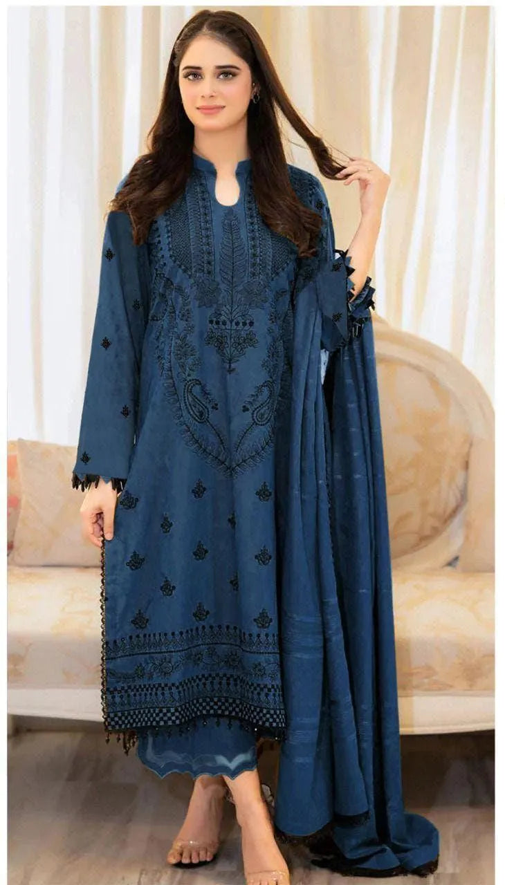 Blue Embroidered 3-Piece Dhanak Suit for Women