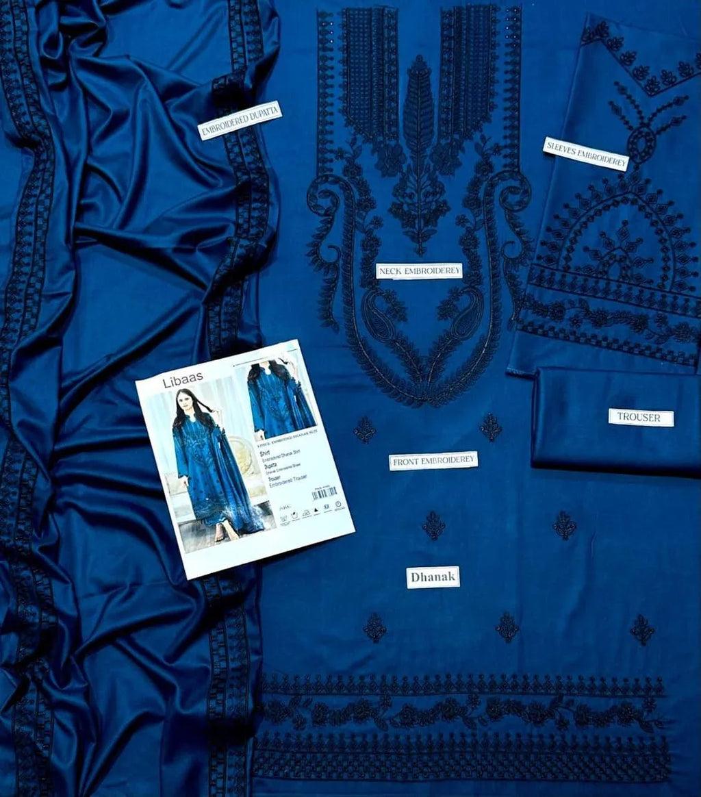 Blue Embroidered 3-Piece Dhanak Suit for Women