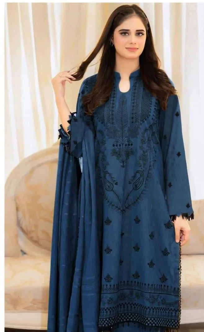 Blue Embroidered 3-Piece Dhanak Suit for Women