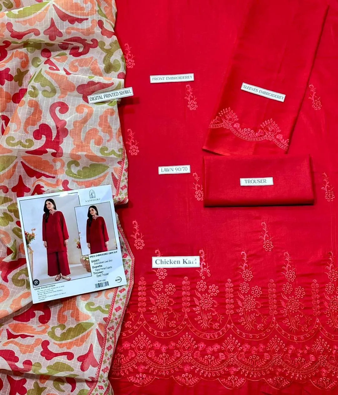 Red Chikankari 3-Piece Lawn Suit for Women