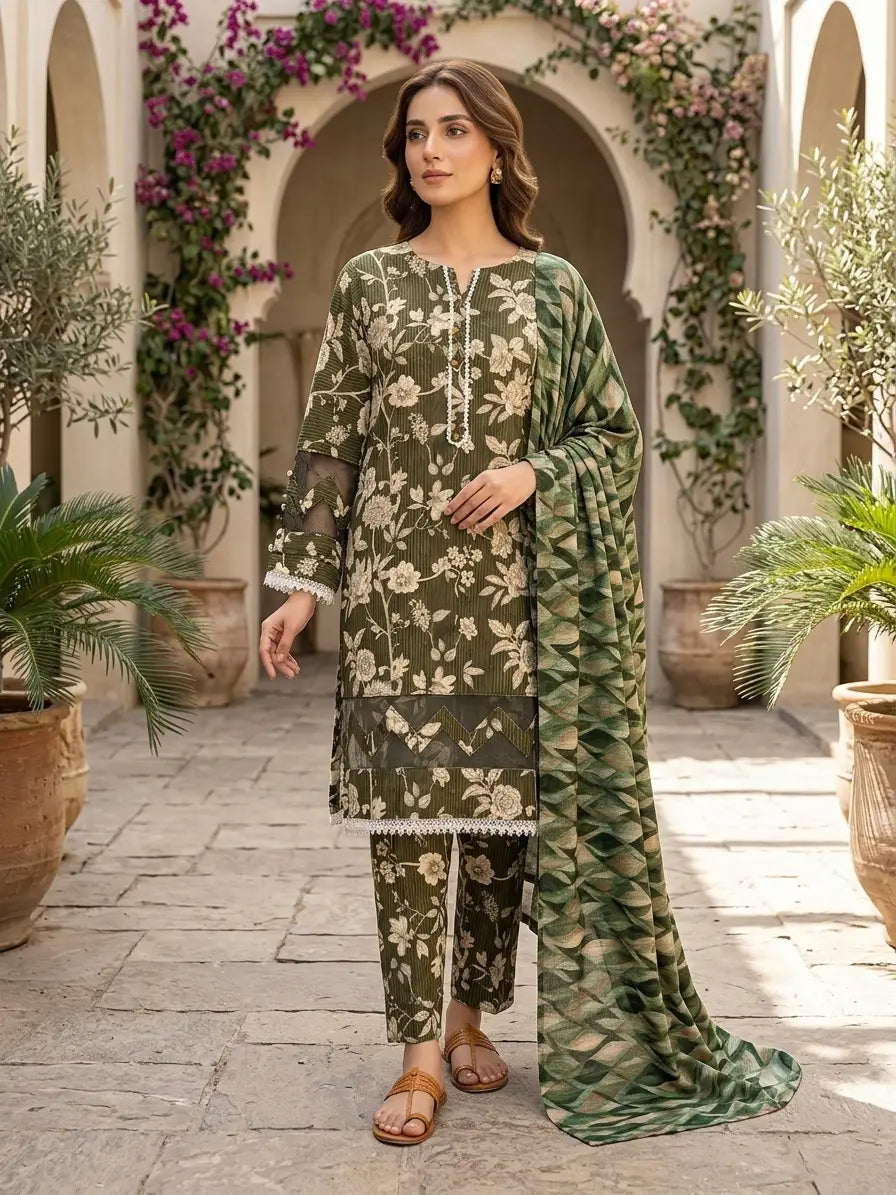 3 Pcs Women's Stitched Tissue Lace Work Fancy Suit