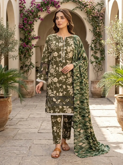 3 Pcs Women's Stitched Tissue Lace Work Fancy Suit