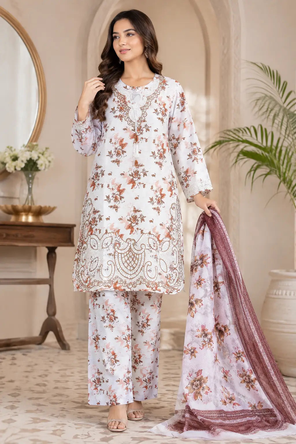 Lakhany 03 Piece stitched Printed Embroidered with Patch Work Printed Organza Dupatta Dress