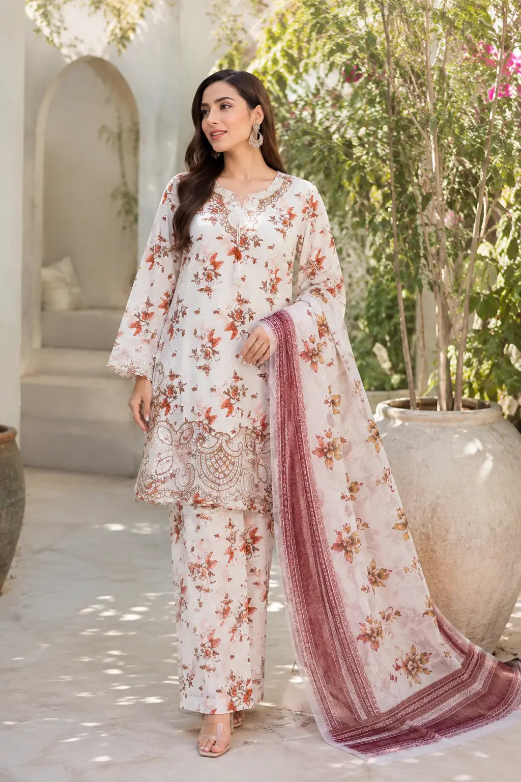 Lakhany 03 Piece stitched Printed Embroidered with Patch Work Printed Organza Dupatta Dress