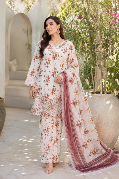 Lakhany 03 Piece stitched Printed Embroidered with Patch Work Printed Organza Dupatta Dress