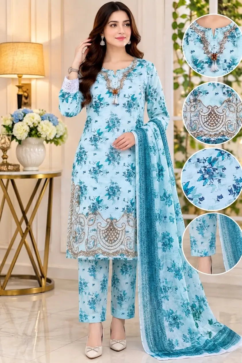 Lakhany 03 Piece stitched Printed Embroidered with Patch Work Printed Organza Dupatta Dress