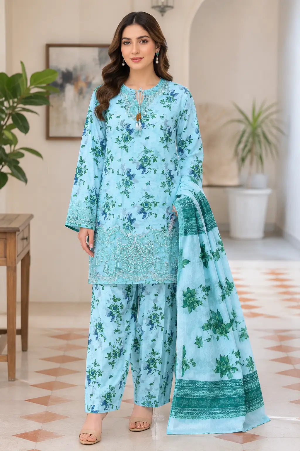 Lakhany 03 Piece stitched Printed Embroidered with Patch Work Printed Organza Dupatta Dress