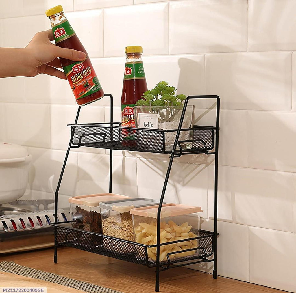 Two-Tiered Stainless Steel Spices Rack Black Kitchen Storage