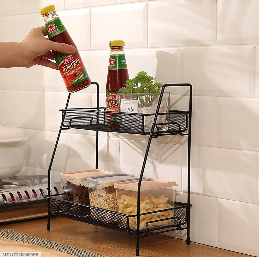 Two-Tiered Stainless Steel Spices Rack Black Kitchen Storage
