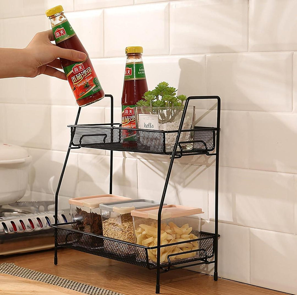 Two-Tiered Stainless Steel Spices Rack Black Kitchen Storage