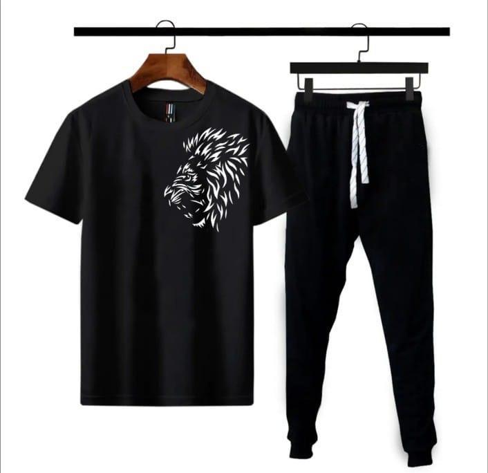 Men Black Lion Printed Cotton Track Suit 2Pcs